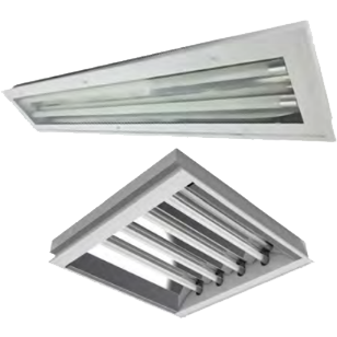 LUMINÁRIA DE EMBUTIR T8 HERMÉTICA COM REFLETOR EM ALUMÍNIO BRILHANTE E TAMPA COM DIFUSOR TRANSPARENTE