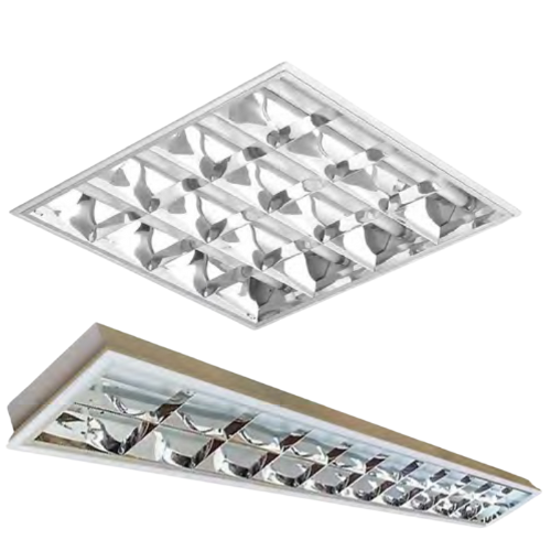 LUMINÁRIA DE EMBUTIR T8 HERMÉTICA COM ALETAS EM ALUMÍNIO BRILHANTE E TAMPA COM DIFUSOR TRANSPARENTE