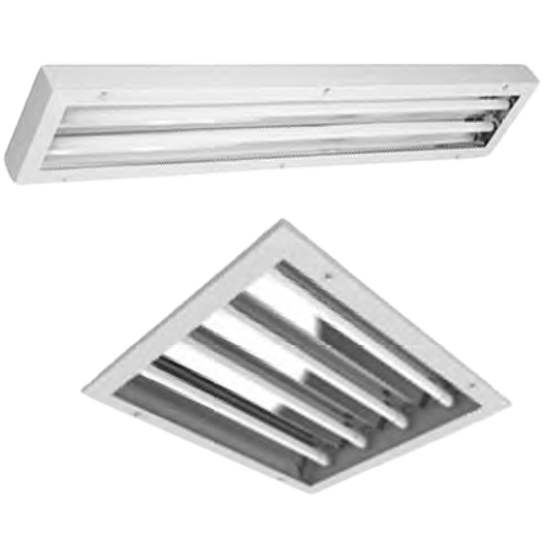 LUMINÁRIA DE SOBREPOR T8 HERMÉTICA COM REFLETOR EM ALUMÍNIO BRILHANTE E TAMPA COM DIFUSOR TRANSPARENTE