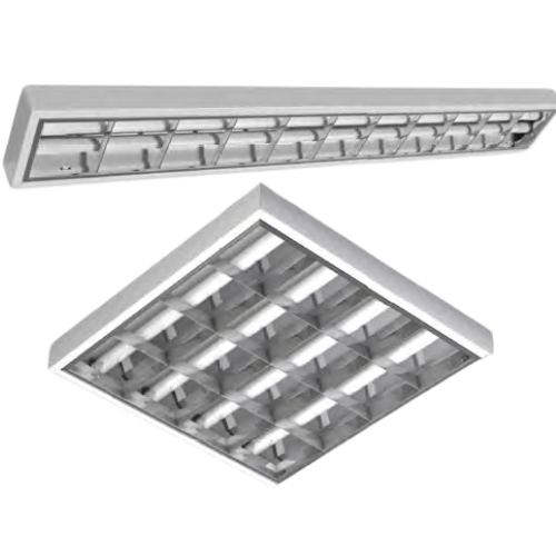 LUMINÁRIA DE SOBREPOR T8 HERMÉTICA COM ALETAS EM ALUMÍNIO BRILHANTE E TAMPA COM DIFUSOR TRANSPARENTE