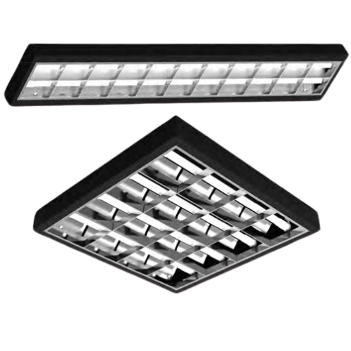 LUMINÁRIA DE EMBUTIR T8 PRETA COM ALETAS DE ALUMÍNIO BRILHANTE
